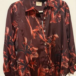Elie Tahari Floral Red and Brown Button-Up Blouse